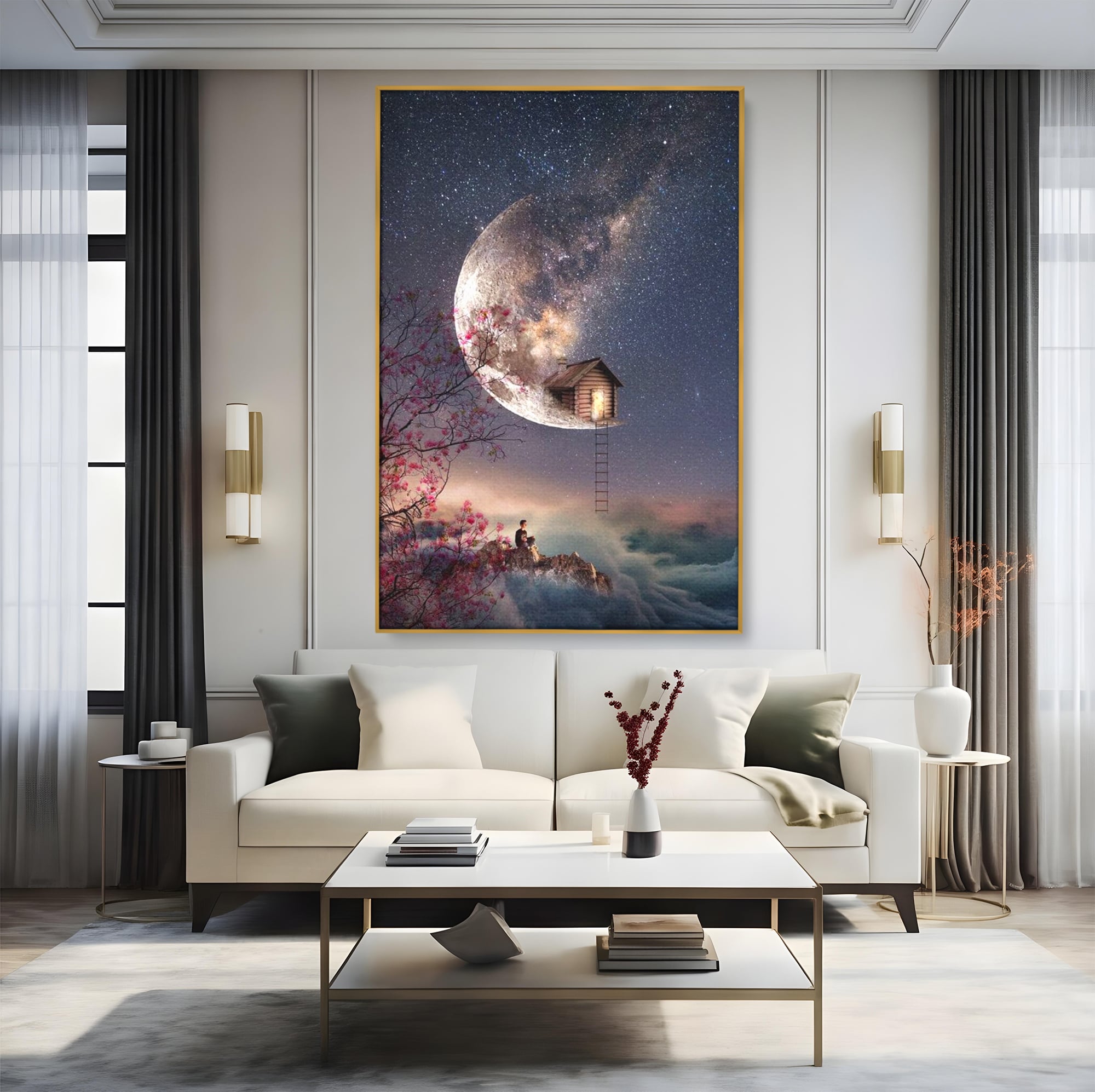 Tablou canvas cu ilustratie digitala cu casa pe luna, in rama de aluminiu auriu, pe perete intr-un living